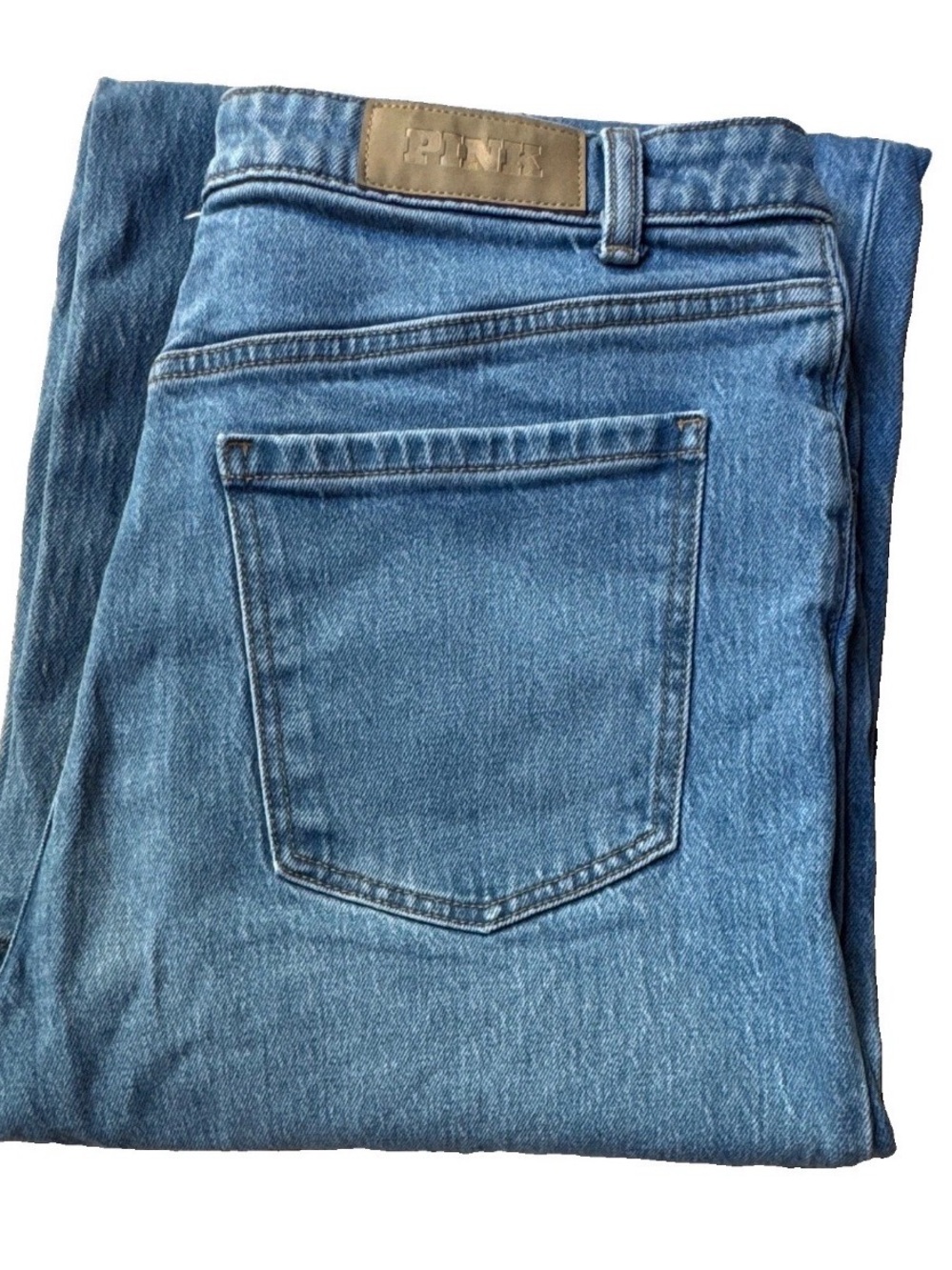 PINK Women's Blue Medium Wash Denim Straight Jeans 5-Pocket Logo Size 14